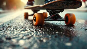 Macro footage of a skateboard wheel rolling over small rocks and cracks in the pavement illustrating its smooth and steady performance photo