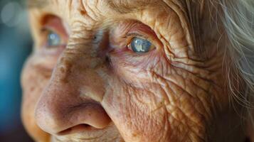 A closeup of an elderly womans face shows her gentle smile and wisdom a testament to a life welllived and the growth that comes with selfacceptance photo