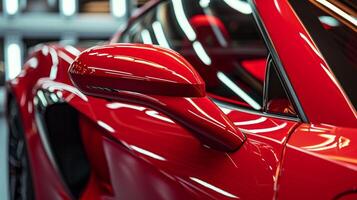 A closeup of a red sports cars side mirror highlighting the bold and attentiongrabbing neon accent that adds a touch of edginess to the vehicle photo
