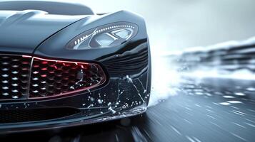 As the car accelerates the camera focuses on the dynamic grille capturing the rapid movement of the active shutters as they adjust to channel air towards the engine for optima photo