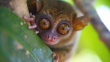 A detailed closeup of a tiny tarsier with its eyes wide open as if cautiously scanning its surroundings photo