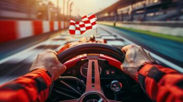 A closeup of a racers hands gripping the steering wheel as they cross the finish line the checkered flag in the background marking the end of their career photo