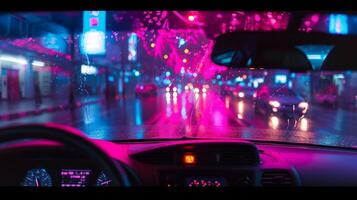A shot from inside the car captures the reflection of neon pink traffic lights and signs on the windshield casting a colorful hue on the driver and penger photo