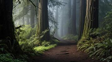 The fog dances and swirls around the towering trees, adding an element of mystique to the already scenic path. photo