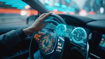 The drivers hand making a circular motion in the air changing the temperature in the car with a gesture control action photo