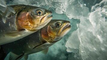 Closeup of the intimate moment between two arctic char their bodies intertwined as they swim side by side in the crystalclear waters beneath the thick ice photo