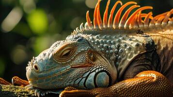Closeup of an iguana with its eyes closed completely at peace as it soaks in the warmth and energy of the sun photo