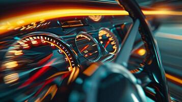 The camera lingers on the flickering numbers of a speedometer showcasing the rapid acceleration and high speeds of the racing pulse photo