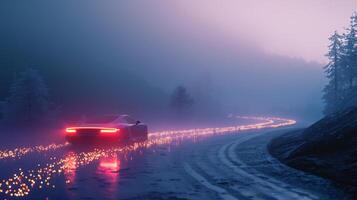The car gliding through a foggy landscape leaving behind a trail of sparkling lights in its wake like a magical creature on a mystical journey photo