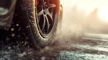 A closeup of a slick tire covered in a fine layer of rubber dust from the high speeds and intense traction photo