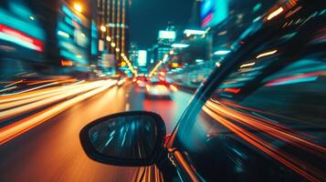The blurred lights of a busy city intersection captured through the rearview mirror of a car moving at high speeds photo