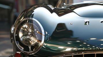 Moving on we see a closeup of headlights with a streamlined shape and a shiny chrome finish. The headlights are adorned with a series of small circular lights that give of photo