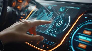 Detailed shot of a hand operating a sleek and minimalistic touchscreen embedded into the center console of a futuristic car with customizable widgets and personalized setting photo