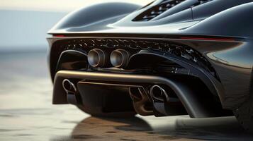 Closeups of the of the car reveal a mive spoiler and oversized exhaust pipes both necessary for controlling the brute force and heat produced by the powerful engine photo