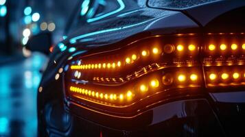 Extreme closeup of the LED turn signals on a car blinking in a rhythmic pattern and adding a touch of sophistication to the vehicles design photo
