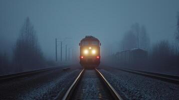 Footage of a trains powerful headlights ting through the fog on a railway track emphasizing the strength and reliability of the vehicle in transporting goods and materials photo