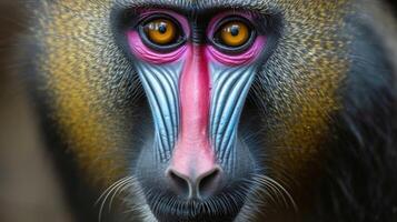 Closeup of a juvenile mandrill its fuzzy face adorned with soft shades of pink and purple indicating its place in the hierarchy of the troop photo