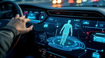 A hand presses a on on the center console and an infrared pedestrian detection system is highlighted on the screen demonstrating how this advanced technology can help preven photo