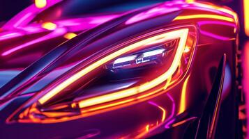 Macro shot of neon lines accentuating the contours of the cars headlights creating a striking contrast between shadows and vibrant light photo
