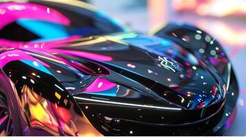 A closeup of the hood which features a bold paint job with splashes of metallic colors and a large glowing logo in the center photo