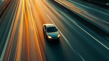 Slow motion footage of a family car driving on the highway showcasing how the streamlined body allows for smooth airflow and minimal wind resistance photo
