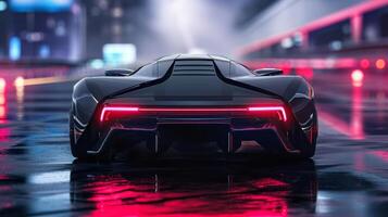 The camera lingers on the rearview mirrors which are adorned with cybernetic enhancements and flashing LED lights giving off a futuristic and intimidating aura photo