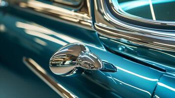 A detailed shot of the door handle of a vintage car with its shiny silver chrome and unique shape evoking nostalgia for clic automobiles photo