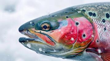 Closeup of the striking profile of an arctic char its vibrant pink and green hues standing out against the stark white backdrop of the frozen world above photo