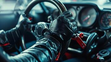 A closeup of the rookies gloved hands gripping the steering wheel with all their might their fingers leaving imprints on the leather as they give it their all to cross th photo