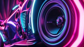 Ninth footage A tight shot of the subwoofer capturing the pulsating neon lights at the base of the speaker as it thumps to the b beat creating a captivating visual and audi photo