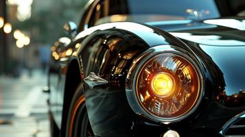 The smooth and sleek gl lens of a clic cars headlight captures the light and reflects it back adding a touch of glamour to its vintage charm photo