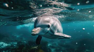 Closeup of a dolphin struggling to navigate through a chaotic noisy underwater environment causing it to become disoriented and separated from its family photo