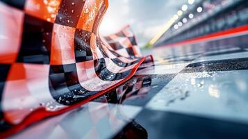 The race winners beaming face reflected in the shiny surface of the checkered flag a moment of unbridled happiness and satisfaction captured photo