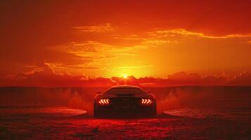 Against the backdrop of a fiery sunset the cars headlights stand out like two blazing flames highlighting the harsh and unrelenting hot climate of the desert photo
