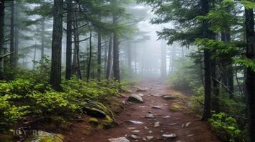 The misty fog adds a sense of solitude to the trail, allowing hikers to disconnect and immerse themselves in the peaceful surroundings. photo