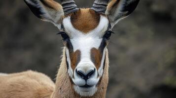 Closeup of a pronghorn lowering its head its dark eyes ly visible behind long fluttering lashes photo