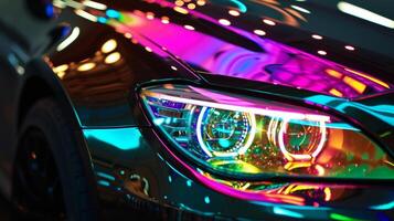 A closeup shot of a cars headlights with a prism effect displaying a stunning spectrum of colors that adds a touch of artistic flair to the vehicle photo