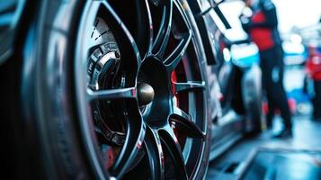 Extreme closeup of a race car tire being changed showcasing the skilled mechanics inserting and tightening bolts on the wheel photo