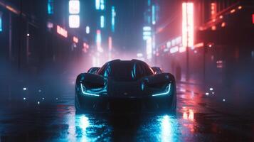The camera zooms in on a pair of headlights as the car behind them revs up its engine emitting a y rumble that echoes through the streets and signals the power and speed o photo