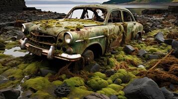A forgotten flood left behind a watery grave for vehicles, now resting in the deep, their once shiny surfaces now corroded and covered in seaweed. photo
