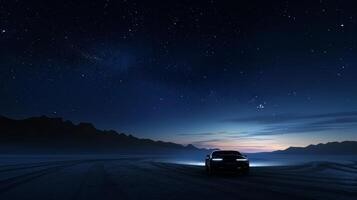 The blending of manmade and natural lights can be seen in the enchanting combination of car headlights and the ling stars in the distance photo