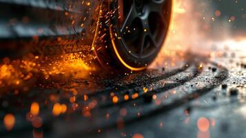 The tire treads leave behind a trail of burnt rubber as the cars leave their mark on the asphalt in a blur of speed photo
