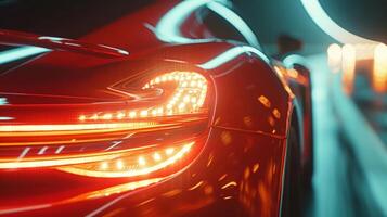 In a closeup shot the camera focuses on the intense gleam of the headlights as they illuminate the blurred scenery in the background a clear indication of the breakneck spee photo