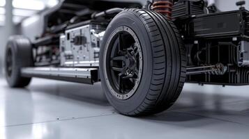 A shot of the underside of an electric car showing the flat and smooth surface that helps to reduce air resistance and improve battery range photo