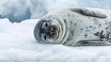 Closeup of a content Weddell seal lying on its side next to an ice hole its head propped up on its flipper and its fluffy white belly exposed photo