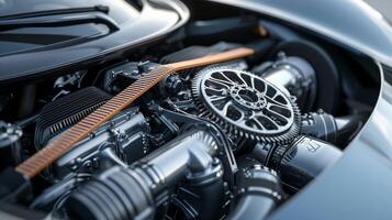 The serpentine belt is in full view effortlessly powering various engine components a testament to the engines efficient design photo