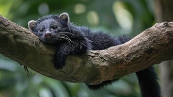 Closeup of a binturongs long prehensile tail gently wrapped around a tree branch for support as it lounges comfortably photo
