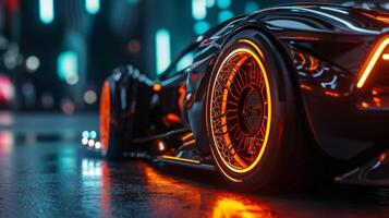 The camera zooms in on the wheels showcasing the intricate details of the custom rims and the glow of the LED lights built into them photo