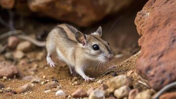 Closeup of a Kangaroo Rats sleek body muscles tensed and ready to spring as it swiftly makes its way towards the shelter of its underground home photo
