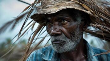 An elderly man with a weathered face and a hat made from palm leaves standing tall in the aftermath of a cyclone a symbol of resilience and wisdom photo